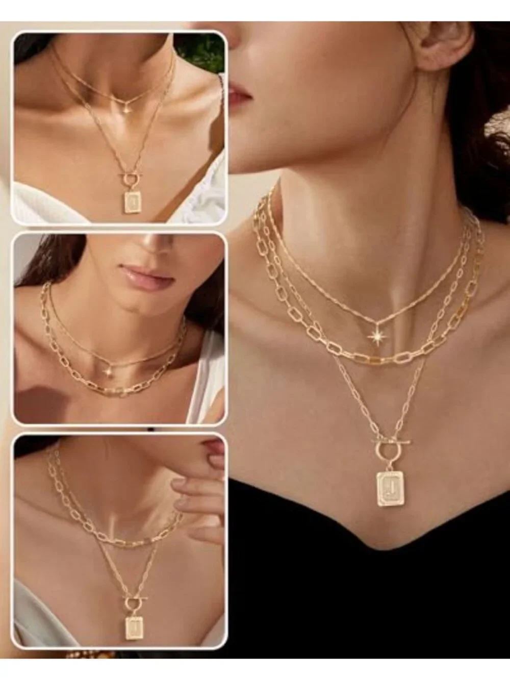 Layered Initial Necklace for Women Paperclip Chain 14k White Gold Plated 3